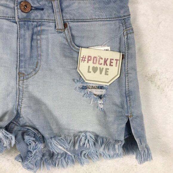 VANILLA STAR Distressed Light Blue Embroidered Pocket Hi-Low Jean Shorts 0 - Picture 5 of 8